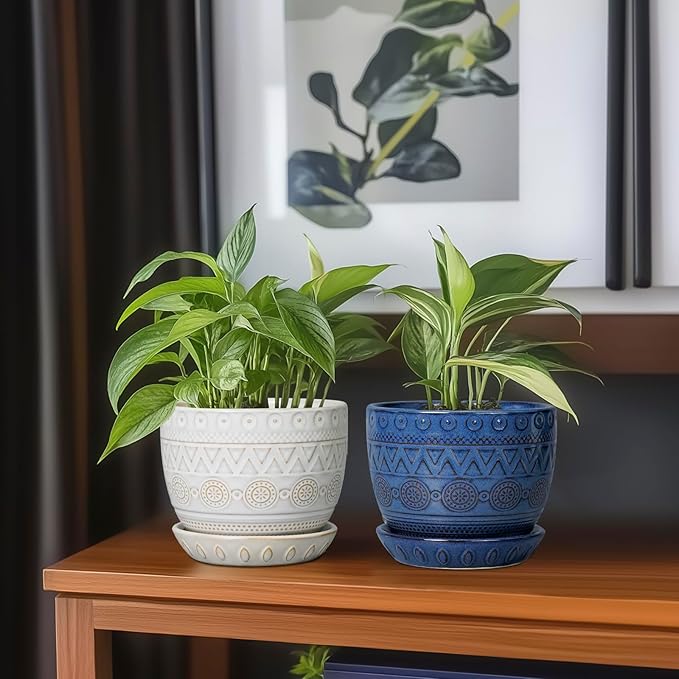 G EPGardening Ceramic Planters for Indoor Plants - 5 Inch Plant Pot for Outdoor Plants Succulent Planter with Drainage Hole and Saucer Flower Pot for Room Decor White