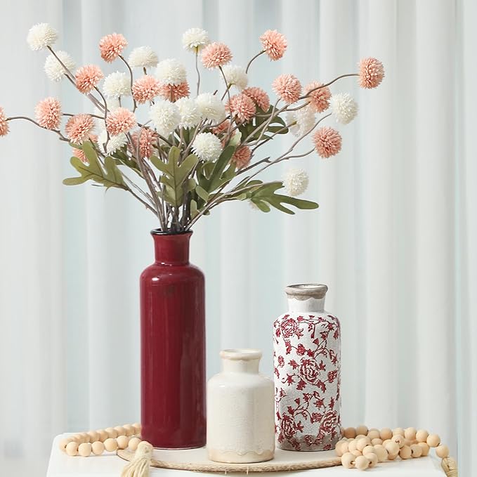 Vintage Vase Set of 3, Ceramic Vintage Flower Vases, Chinoiserie Decorative Home Decor Retro Floral Vase Rustic Farmhouse Decor for Table Bookshelf Mantel Kitchen Living Room Office - Red and White