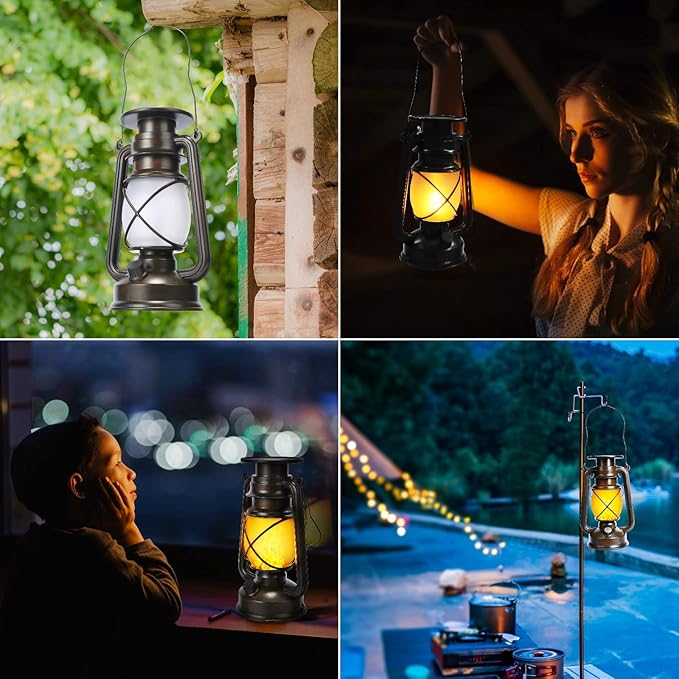 Toodour 2 Pack Hanging Solar Lantern Outdoor - Solar Vintage Lantern with Flickering Flame, 2 Modes Waterproof Solar Hanging Lights for Camping, Patio, Deck, Yard, Path, Outdoor Halloween Decorations