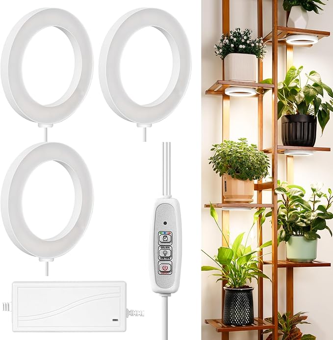 LORDEM 6.3” Ceiling Grow Lamp for Indoor Plants, 216 LEDs Full Spectrum Halo Plant Light, Under Cabinet Grow Lights with 4/8/12H Auto Timer, 3 Switch Modes, 4 Dimmable Brightness Levels, Tri Head