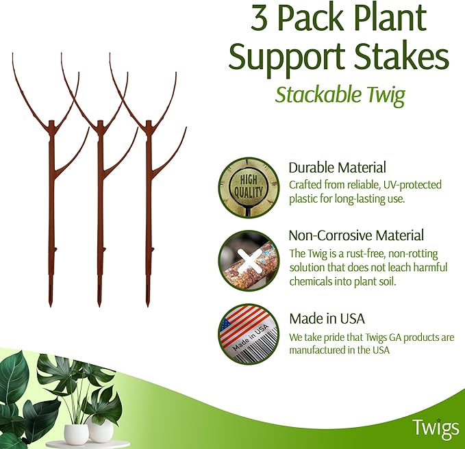 Stackable Plant Support Stakes, Stem Holder Structures for Indoor & Outdoor Use, Garden Accessories for Climbing & Potted Plants, Trellis Alternative - Begonia Red, 3 Pack, 17" L