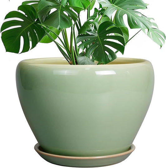 Ceramic Planter Pot - 10 Inch Plant Pot for Indoor Plants Decorative Planter with Drainage Hole and Saucer Large Pot for Plants Outdoor Round Flower Pot for Garden Green