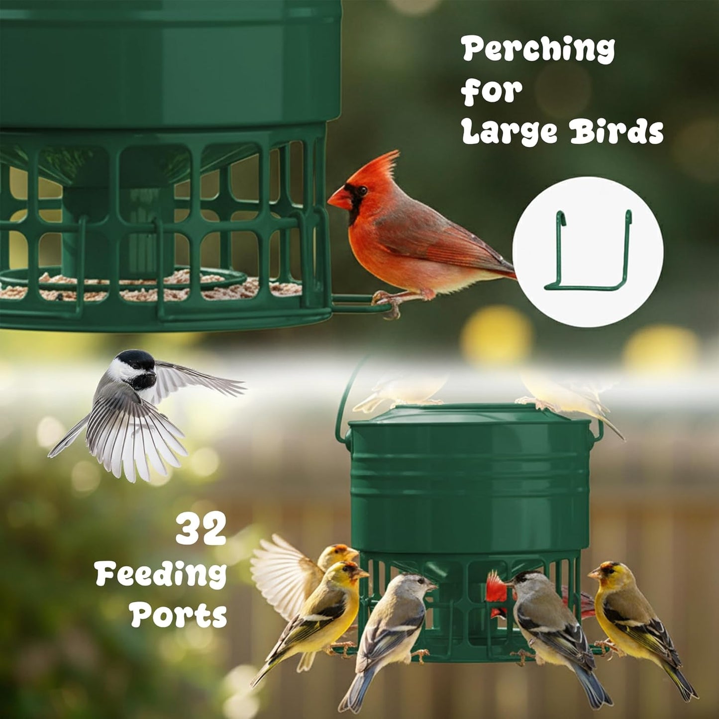KOL Large Bird Feeder for Outdoors, 10LB Capacity Powder Coated Metal Feeder with 32 Feeding Ports & 3 Perches, Easy-Clean Hanging Birdfeeder for Cardinals, Bluebirds, Finches (Jasper)