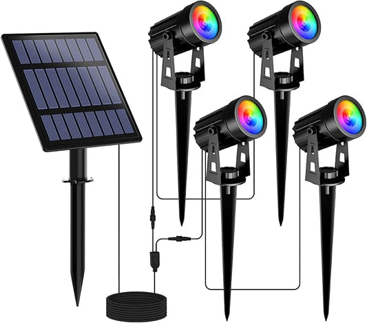 T-SUNUS Solar Spot Lights Outdoor Color Changing, Solar Landscape Spotlights RGB Lighting Waterproof IP65 Wall Lamp 9.8ft Cable for Patio, Pathway, Yard, Garden, Holiday Decoration (Multi-Color)