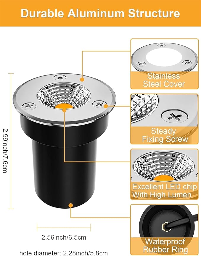 ZUCKEO 4Pack Low Voltage Landscape Lights 3W LED Outdoor Well Lights 12V 24V In Ground Spotlights with Connectors for Indoor Outdoor Step Deck Yard Garden Patio,Warm White