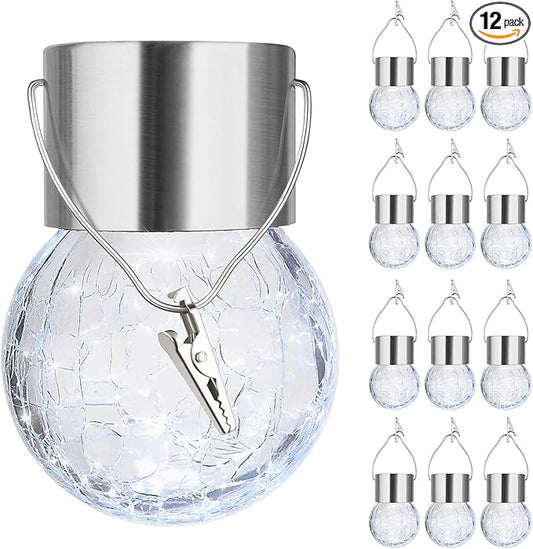 MAXvolador 12-Pack Hanging Solar Lights, Decorative Cracked Glass Ball Light, Solar Powered Waterproof Globe Lighting for Garden, Tree(Cool White)