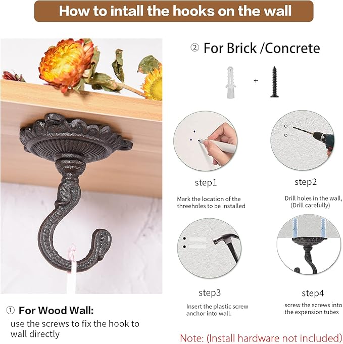 Sungmor Heavy Duty Ceiling Hooks for Hanging Plants, 2PC Black 3.5x3.9Inch Large Cast Iron Ceiling Hooks, Antique Decorative Ceiling Swag Hooks for Hanging Planter Chandelier Wind Chime Lantern Hanger