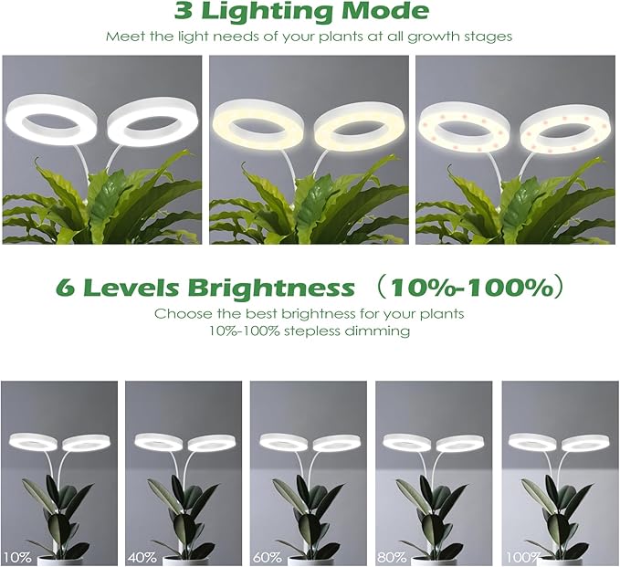 Grow Light, 2-Head LED Floor Plant Growing Lamp, Full Spectrum Plant Light for Indoor Plants, Extended&Built-in Power Cord, Automatic On/Off Timer, 6-Level Dimming, Adjustable Height of 63 in