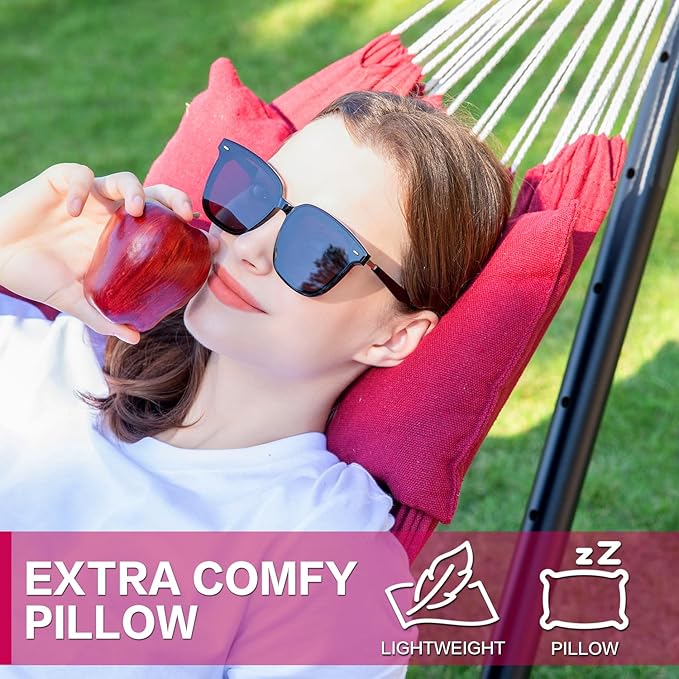 PNAEUT Double Hammocks with Stand for Outside, Portable Space Saving Heavy-Duty Steel Stand for Indoor Outdoor Patio with Carrying Bag, 450 lbs Capacity (Cherry)