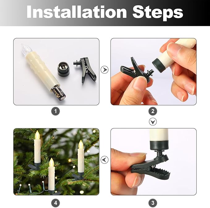 LED Christmas Candles, Flickering Clip on Candles for Christmas Tree, Battery Operated with Remote Timer, Warm White Light, Flameless Taper Candles for Home Christmas Decor, Set of 20