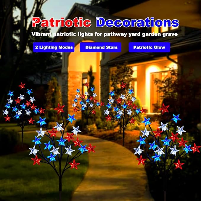 Solar 4th of July Decorations Outdoor Lights, 4-in-1 8 Modes Red White and Blue Star Stake Lights, Waterproof Solar Patriotic Decorations Outdoor for Fouth of July Memorial Day Yard Pathway Grave
