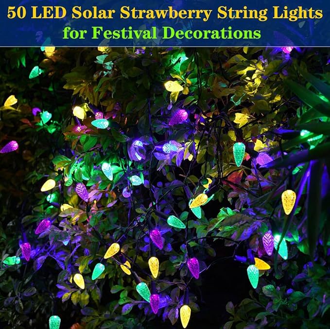 Solar Mardi Gras Lights - Yellow Green Purple Decor, 50 LEDs 8 Modes Waterproof Outdoor C6 Strawberry Garden for Camping, Holiday, Arbor, Fence, Balcony Decorations