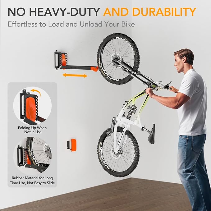 Swivel Bike Rack Wall Mount, Bike Hangers for Garage, Space-Saving Vertical Bike Holder, Holds up to 77 lbs, Bicycle Wall Hanger Storage, No Heavy Lifting Required Indoor Hanging Bike Rack-Orange