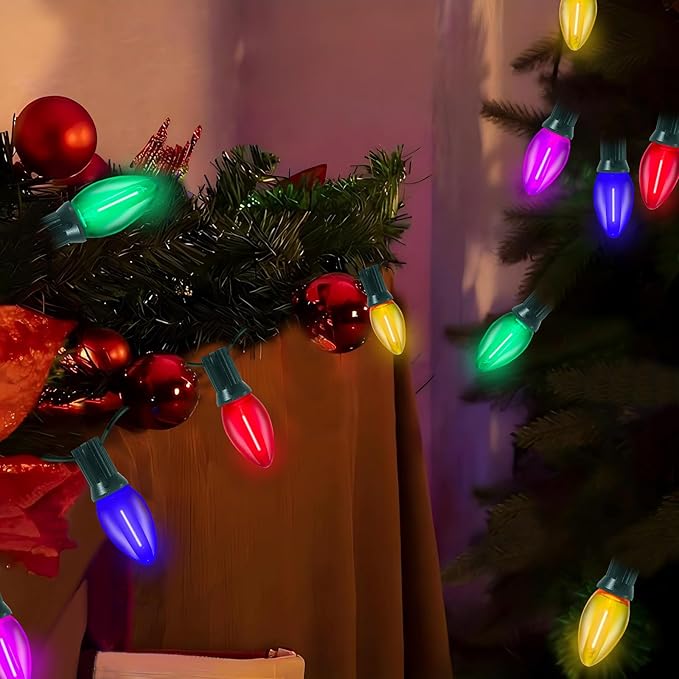 C7 LED Multicolor Christmas String Lights, 25FT with 27 Clear Bulbs, Hanging Outdoor Christmas Decorations for Tree, Patio, Garden, Yard