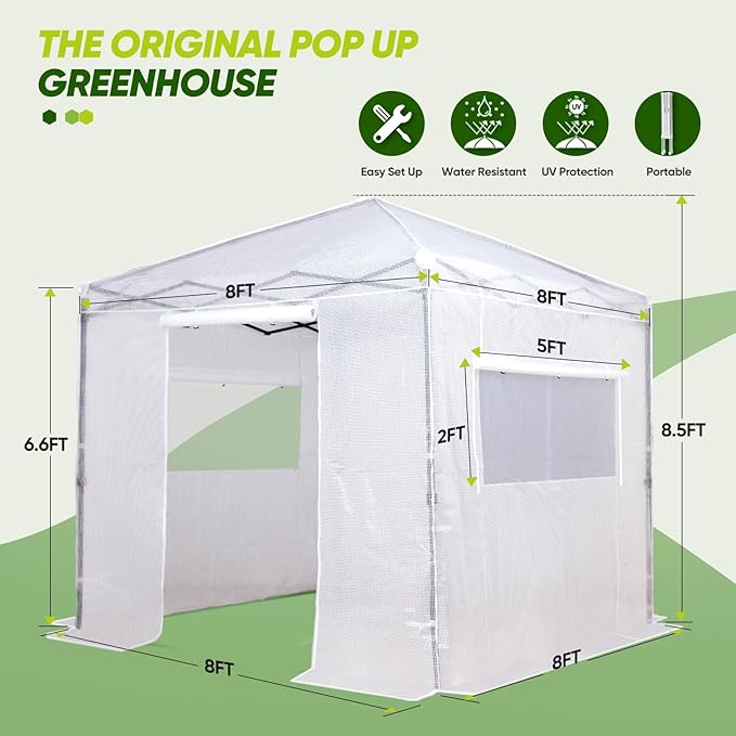 EAGLE PEAK 8x8 Portable Walk-in Greenhouse, Pop-up Indoor Outdoor Garden Green House, Zippered Doors and Windows, PE Cover, White