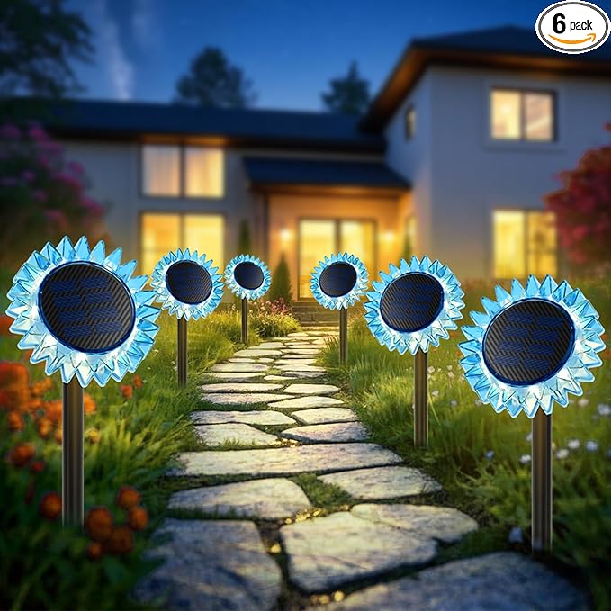 Outdoor Solar Lights, 6 Pack Led Solar Sunflower Lights, Stake/Wall 2-in-1 Waterproof Solar Garden Lights for Yard, Landscape, Fence, Patio, Driveway, Pathway, Backyard Decoration (Warm White)