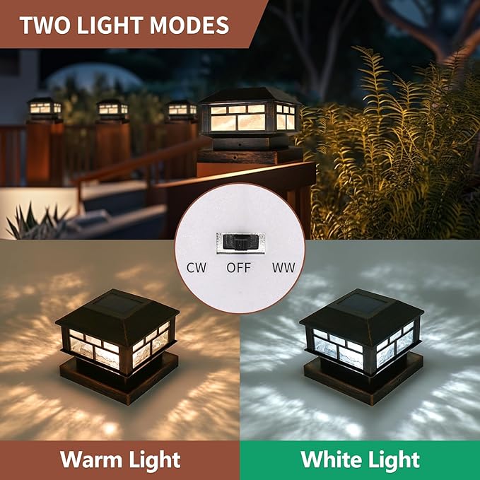 Solar Post Lights Outdoor, 20LM Fence Post Cap Lights, Waterproof, 2 Light Modes, Fit 3.5x3.5in 4x4in 5x5in Wooden Post, Solar Power Deck Lights for Garden Deck Patio Decoration(Bronze 2Pack)