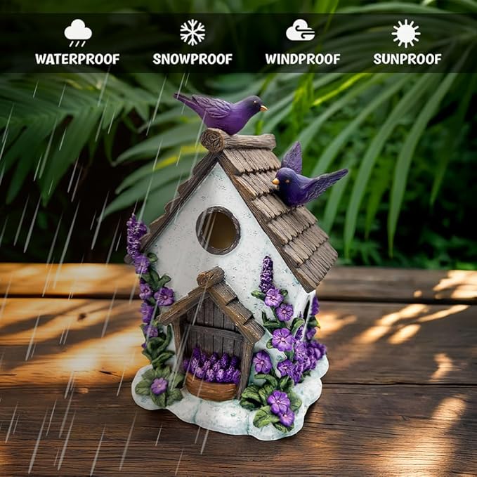 Spring & Summer-Themed Garden Statues – Adorable Outdoor Decor for Lawn, Patio & Porch (Lovely Floral Lavender Bird House Figurine, 7" Novelty Cottage Garden Decor)