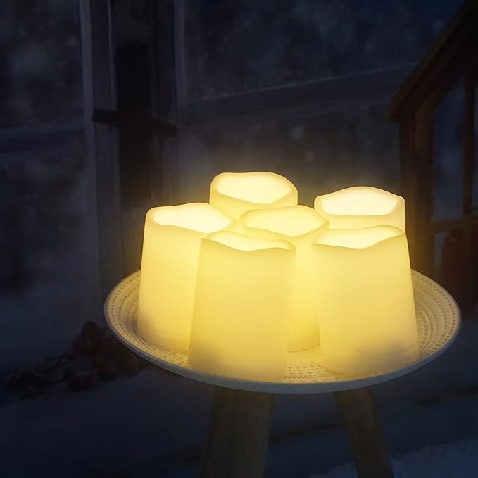 Waterproof Outdoor Battery Operated Flameless Pillar Candles with Timer White Plastic Realistic Flickering Fake Electric LED Lights for Lantern Garden Wedding Christmas Decorations 3”x4” 6 Pack