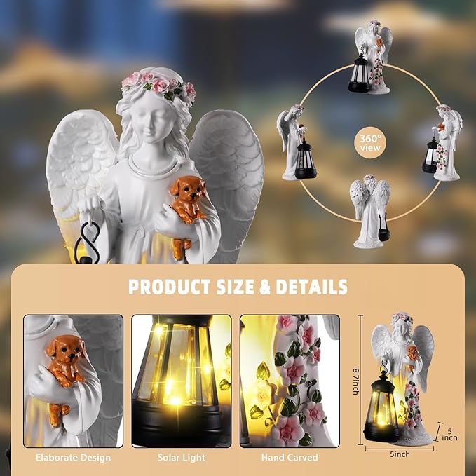 Solar Garden Decor - Angel Statues with Solar Lantern 8.7" Resin Angel Figurines Outdoor Waterproof Decorations for Yard Patio Lawn Porch Gardening Gift for Women Mother Girlfriend Wife