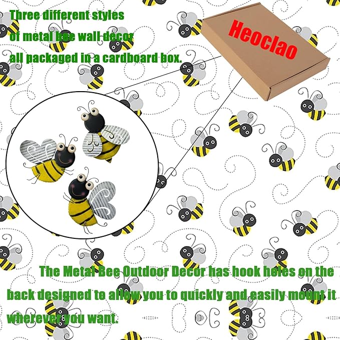 3 Pcs Metal Bee Wall Decor, Cute Bumble Bee Sculpture, Funny Animal Wall Decor - Yellow Bodies, Black Stripes, Large Eyes for Home Office Decor (Bee)