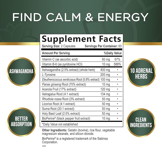 Adrenal Support Supplements - Ashwagandha & 10 Adaptogenic Herbs including Rhodiola Rosea, Holy Basil – Adrenal Supplement Support for Balanced Energy, Adrenal Fatigue, Calm, Relaxation – 120 Capsules