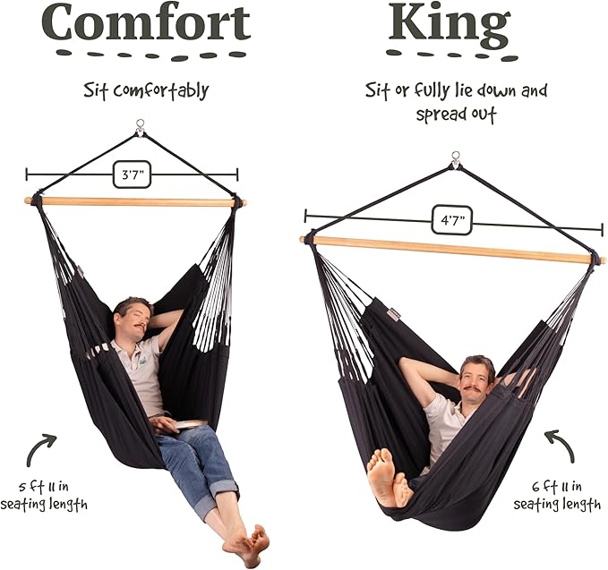 LA SIESTA® - Large Comfort Habana Cotton Hammock Chair & TreeMount - Hanging Hammock Chair w/Suspension Kit for Trees Beams & Posts - Indoor Outdoor Swing Hanging Chair Bedroom Patio Balcony - Onyx