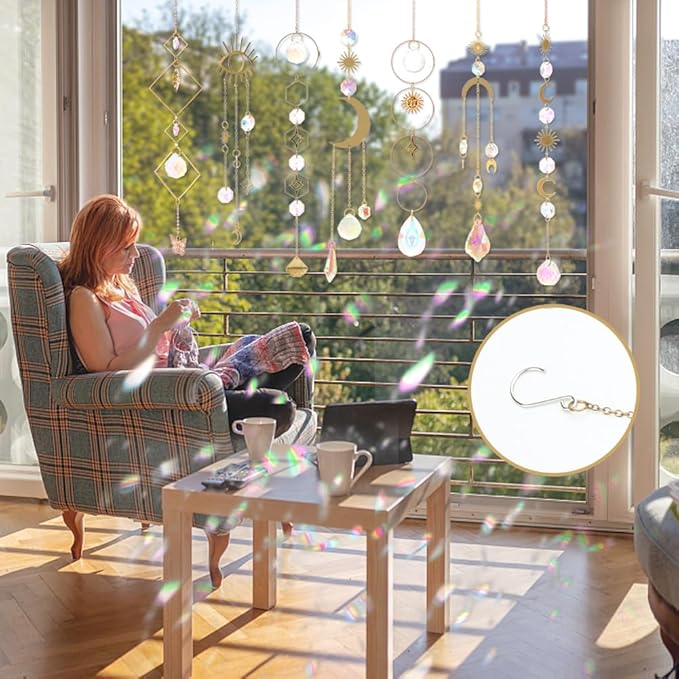 Sun Catchers, 10 Pieces Colorful Crystal Suncatcher with Chain Pendant Ornaments Hanging Crystals Prism Rainbow Maker for Windows Indoor Outdoor Car Mirror Garden Decor Wedding Party Xmas Gift