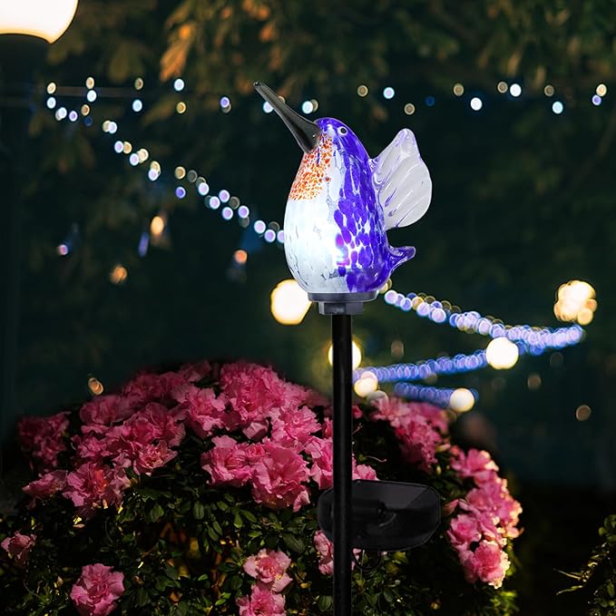 Afirst Decorative Solar Lights Outdoor Solar Hummingbird Stake Lights Hand Blown Glass Decorative Garden Pathway Light Outdoor Waterproof Glass Stakes Blue