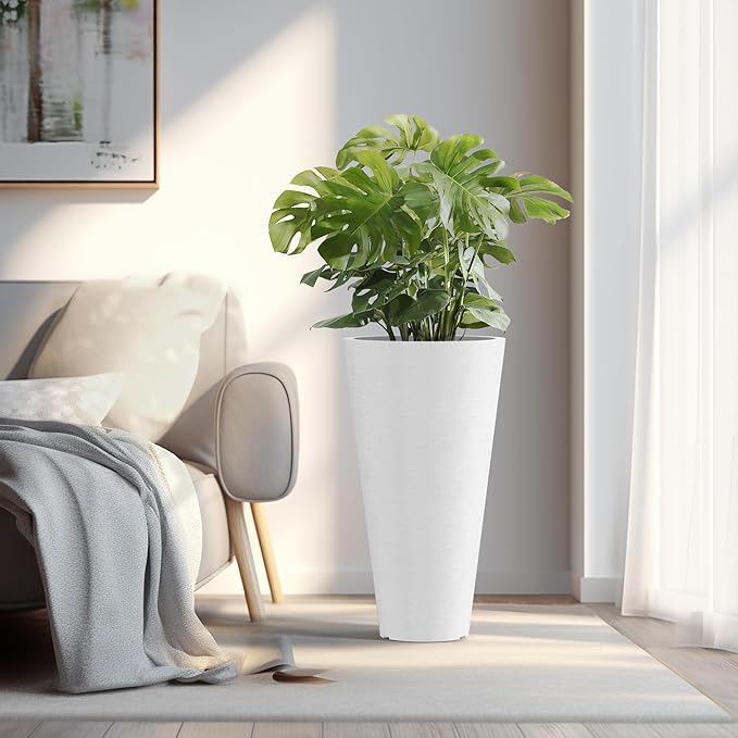Kante Tall Round Planter Set of 2, 29 Inch Tall Decorative Planter Pots for Outdoor Indoor Garden Patio Front Porch (White)
