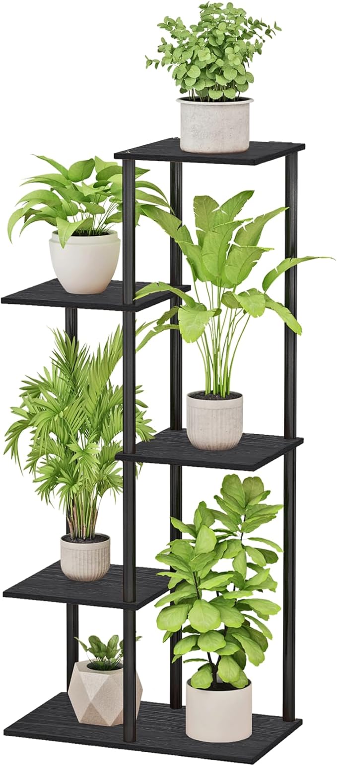 Plant Stand Indoor 5 Tier 6 Potted Metal Wood Plant Shelf, Multiple Flower Pots Corner Tall Plant Holder Stands for Living Room Balcony Bedroom, Black