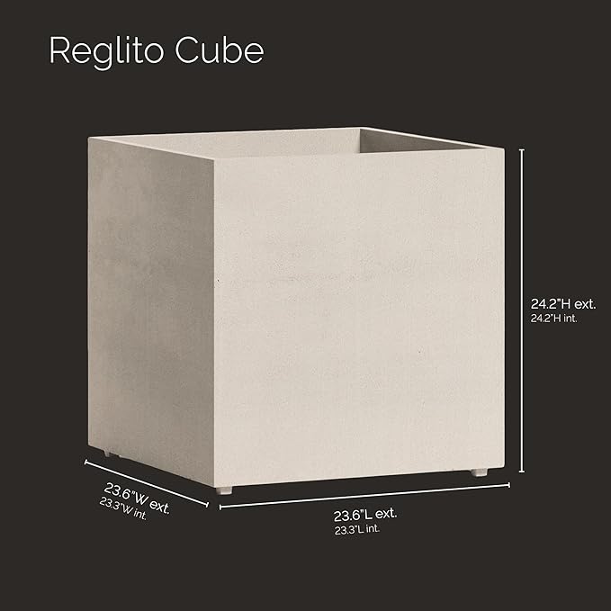 Reglito Cube Planter – Fiberglass Indoor/Outdoor and Weather-Resistant Large Planter (Sand Stone, 23.6" L x 23.6" W x 24.2" H)
