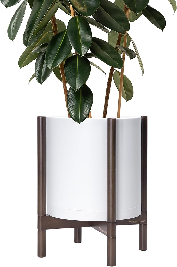 D'vine Dev Planter Pot with Stand - 14 Inch Plastic Cylinder Flower Pot with Wood Planter Holder for Indoor, Matte White Pot + Walnut Color Stand, 55-C-R-1