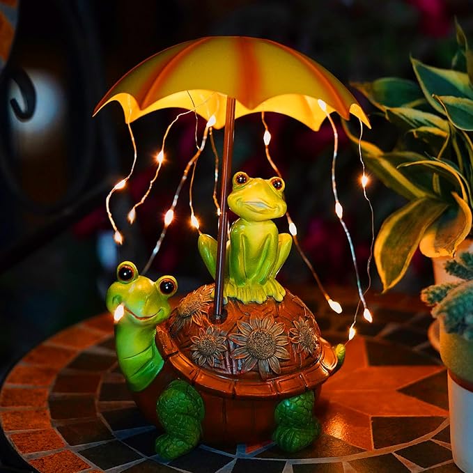 Solar Garden Outdoor Statues Turtle Frog Outdoor Figurine Lights with Umbrellas Fairy Garden Accessories Tortoise Statue Lawn Decor for Patio, Balcony, Yard Ornament Art Housewarming Gifts