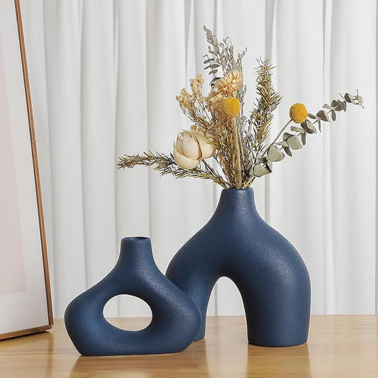 CEMABT Blue Ceramic Vase Set of 2 for Modern Minimalist Bohemian Decor，Round Matte Donut Vases for Pampas Grass-Perfect for Living Room, Dining Table, Office Bedroom Shelf Decor Entryway, Console