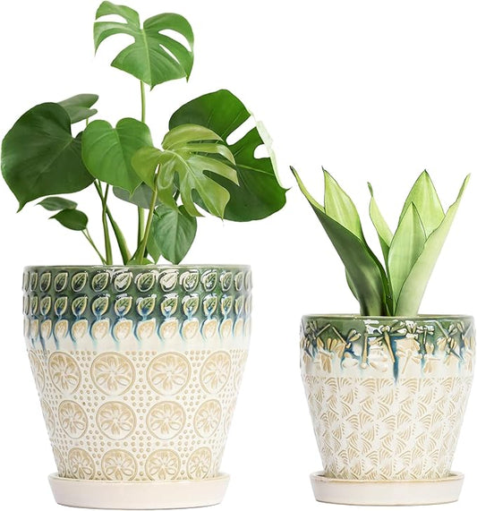 Ceramic Planter Pots for Indoor Plants, 8Inch + 6 Inch Plant Pot with Drainage Holes, Saucers and Mesh Pads, Succulent Orchid Flower Pot -Set of 2