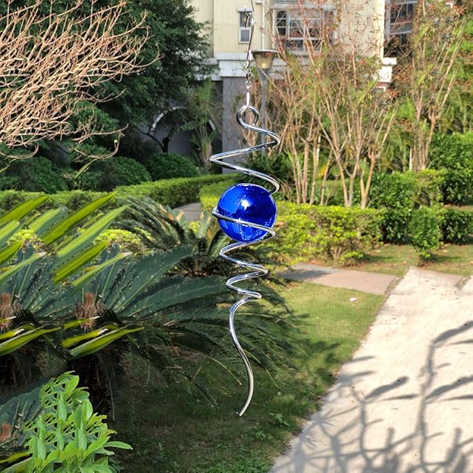 FONMY Gazing Ball Spiral Tail -Decorative Wind Spinner 11" inch Tail and 2" inch Blue Glass Orb. Indoor Outdoor Garden Decoration -13 inch Height