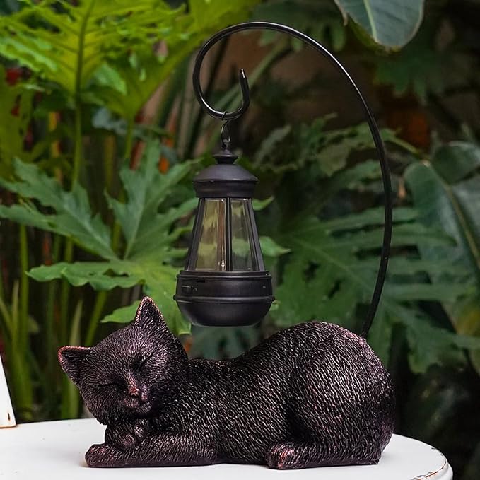 Cat Statue with Light Lantern Outdoor Garden Decor, Sleeping Cat Figurine with Solar-Powered LED Light, 13 Inches Tall Antique Bronze, Perfect for Gift Garden Decor or Housewarming for Cat Lovers