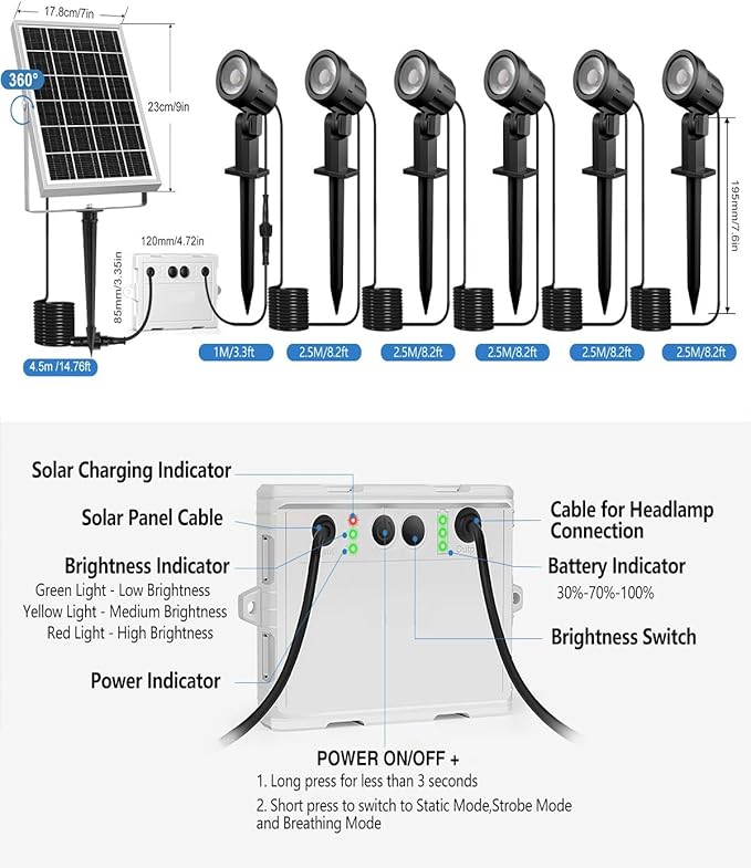 CLY 6 in 1 Solar Spot Lights Outdoor, 2700K Warm White Solar Spotlights Landscape Lights, IP66 Waterproof 59.06ft Cable Auto On/Off Garden Floodlight for Yard Lawn Tree Statue Pathway Decoration