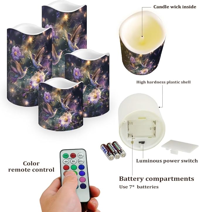 Ystardream LED Candle Set of 4 with Remote Control, Multicolor, Modern, Battery Operated, Tabletop, Indoor, 4/8H Timer, 12 Colors, 5.7 Inches Tall