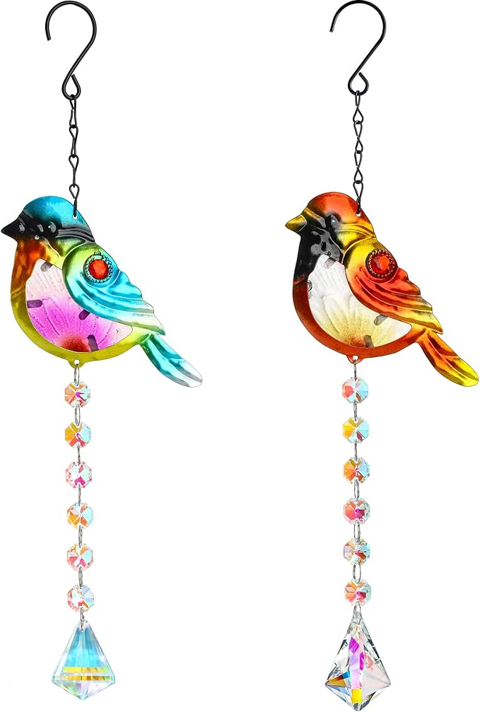 Set 2 Stained Glass Little Birds Suncatchers Rainbow Maker Crystal Prisms Hanging Suncatcher for Window Colorful Metal Birds Wall Art Fence Decorations