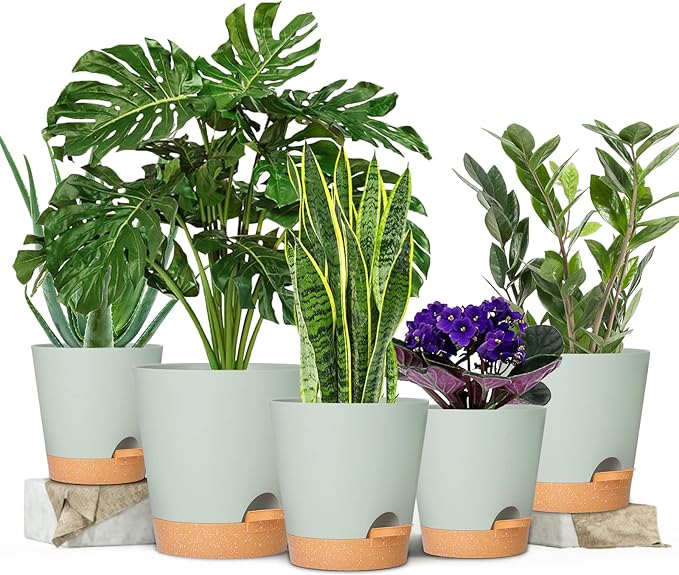 GARDIFE Plant Pots 7/6.5/6/5.5/5 Inch Self Watering Planters with Drainage Hole, Plastic Flower Pots, Nursery Planting Pot for All House Plants, African Violet, Flowers, and Cactus,Green