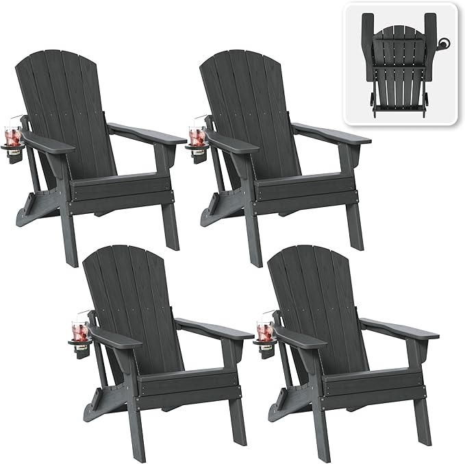Folding Adirondack Chair Set of 4 with Cup Holder, HDPE All Weather Resistant Plastic Outdoor Patio Chairs, Heavy Duty Fire Pit Seating for Backyard Lawn Garden, Wooden Textured Design(Gray)