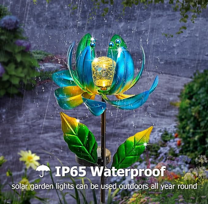 Solar Yard Lights Wind Spinners- Metal Lotus Flower Garden Decor LED Crackle Glass Globe Yard Art Sculpture Solar Stake Lights for Patio Pathway Lawn Walkway