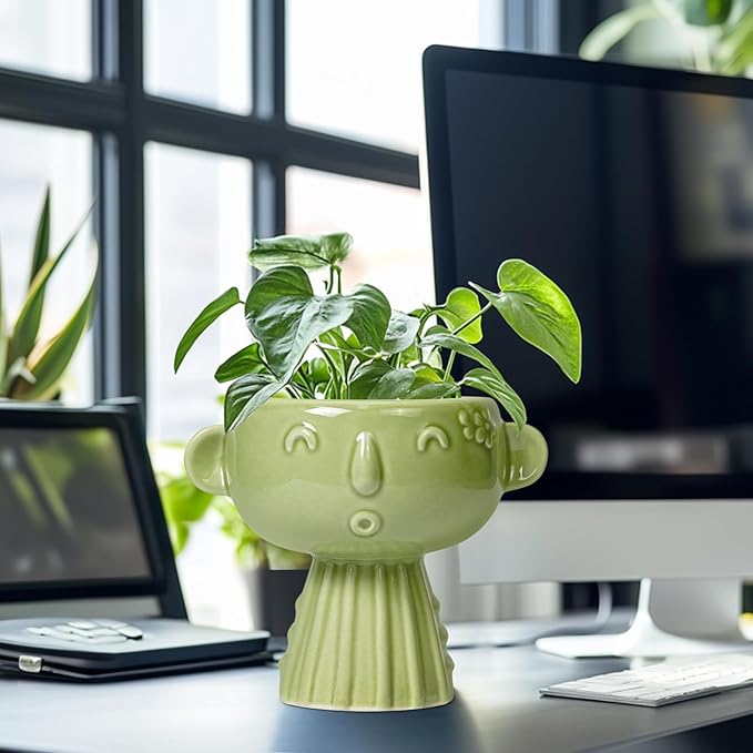 Face Planter Pot - 7 Inch Ceramic Head Planter for Indoor Plants Outdoor, Cute Succulent Flower Pots with Drainage Hole, Room Home Garden Decor, Gardening Gifts, Green