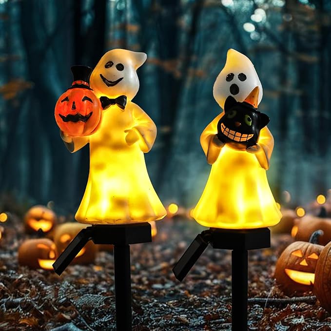 Halloween Decorations – Set of 2 Solar-Powered Ghost Decor with LED Lights, Weather-Resistant Outdoor Lighting for Garden, Pathways, and Parties
