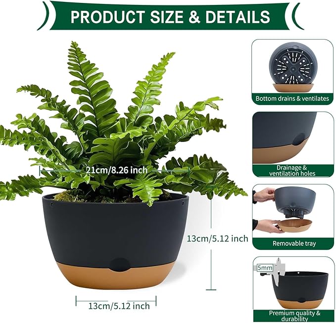 8 Inch Pots for Indoor Plants, Self Watering Planters with Drainage and Saucers, Plastic Outdoor Flower Pot, Set of 2, Grey