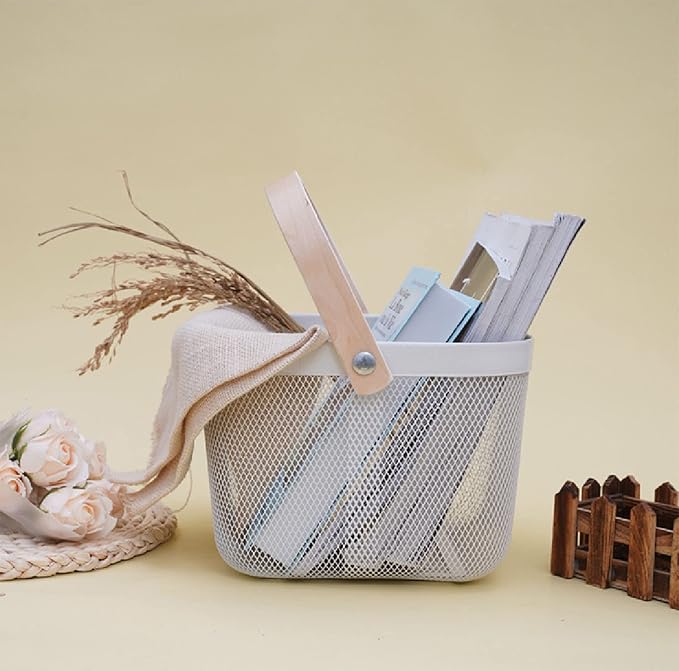 Metal Mesh Steel Basket, Storage Organizer Basket Multi-functional Hanging Kitchen Baskets Fruit Basket Bin with Bamboo Handle for Kitchen Bathroom Picnic Shopping Decor Cabinet Home, Beige