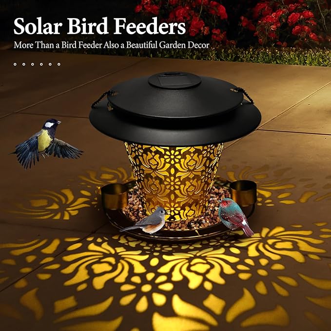 Solar Bird Feeders for Outside Hanging Metal Wild Bird Feeder Solar Lanterns Outdoor Waterproof Garden Decor for Yard Brown