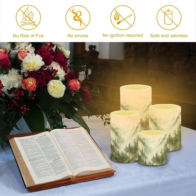LED Flameless Candles Set Battery Operated Candles Pack of 4 with Remote Control Timer Dancing Flame Pillar Candles for Indoor Home Desktop Decoration, Mountain Tree Green